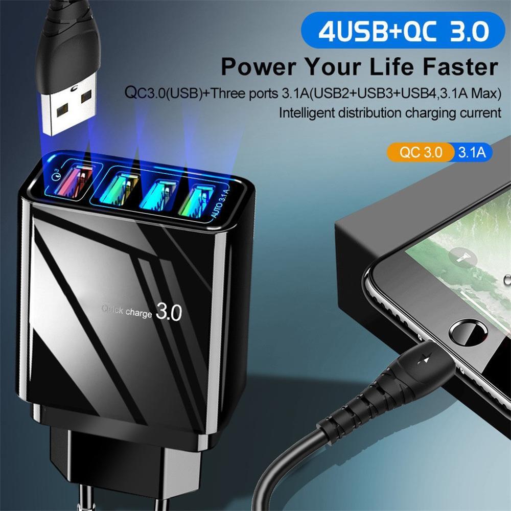 Illuminated 4 USB Mobile Charger 30W 3A Fast Charging Adapter