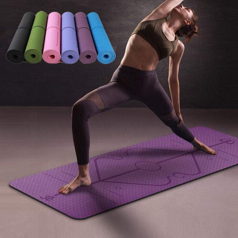 Non Slip TPE Yoga Mat with Position Line for Beginners 6mm Thick