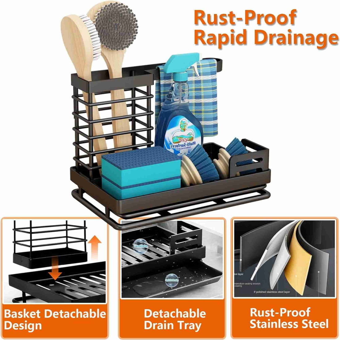 Kitchen Sink Caddy Organizer with Sponge Holder & Drip Tray