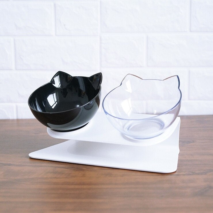 Cat Double Bowl with Stand – 15° Tilt anti-slip Neck Protection Feeder