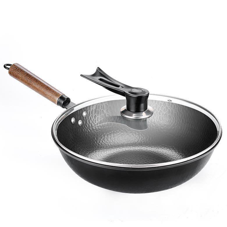 Traditional Handmade Iron Wok with Wooden Handle & Lid