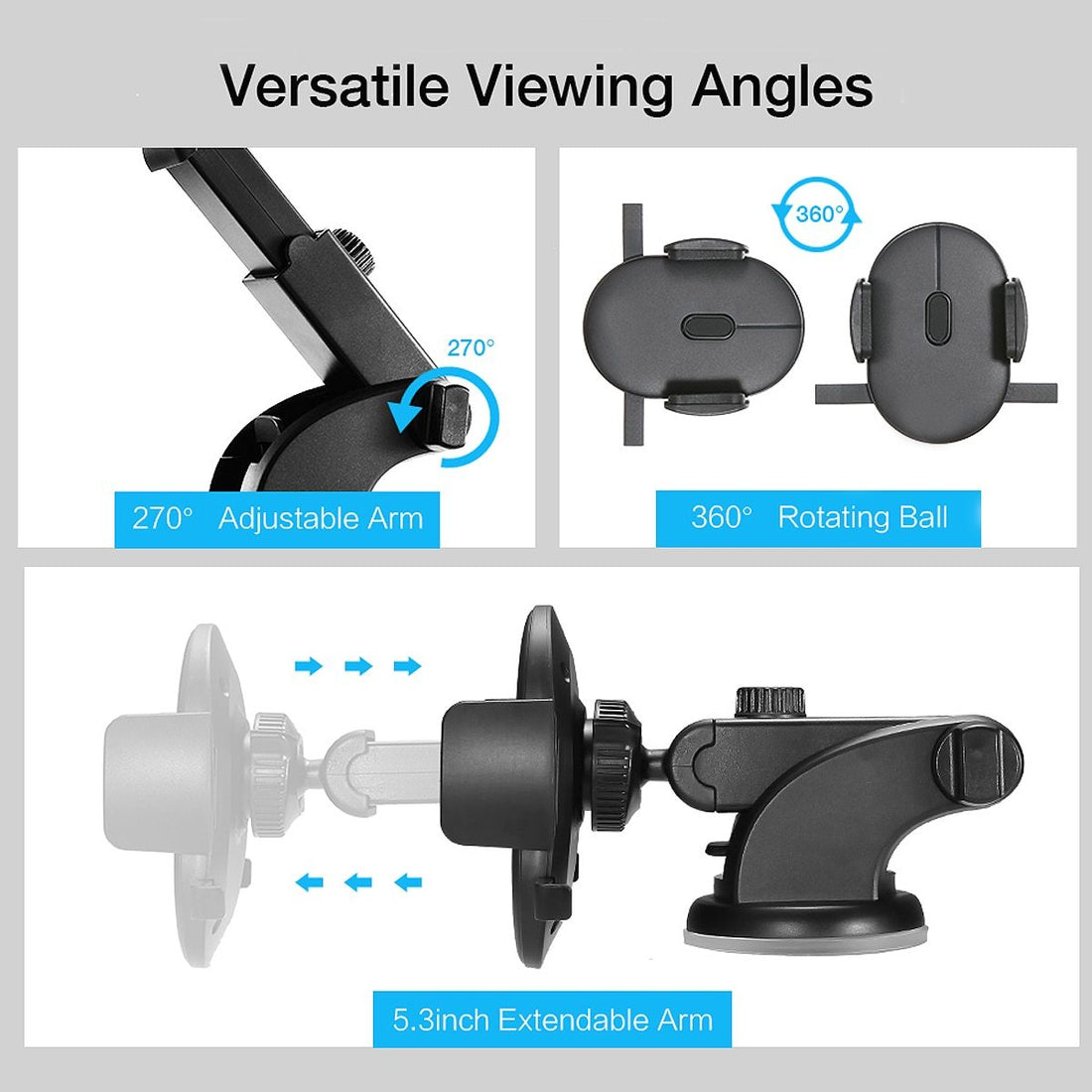 Telescopic Car Phone Holder Dashboard Suction Cup 360° Mount