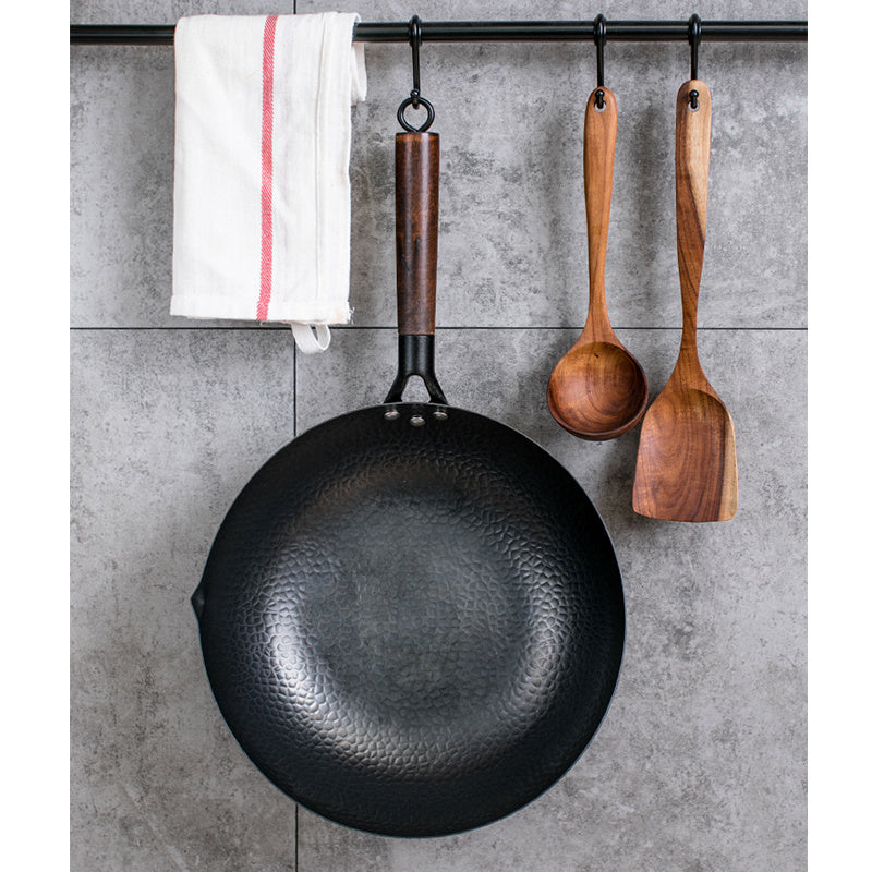 Traditional Handmade Iron Wok with Wooden Handle & Lid