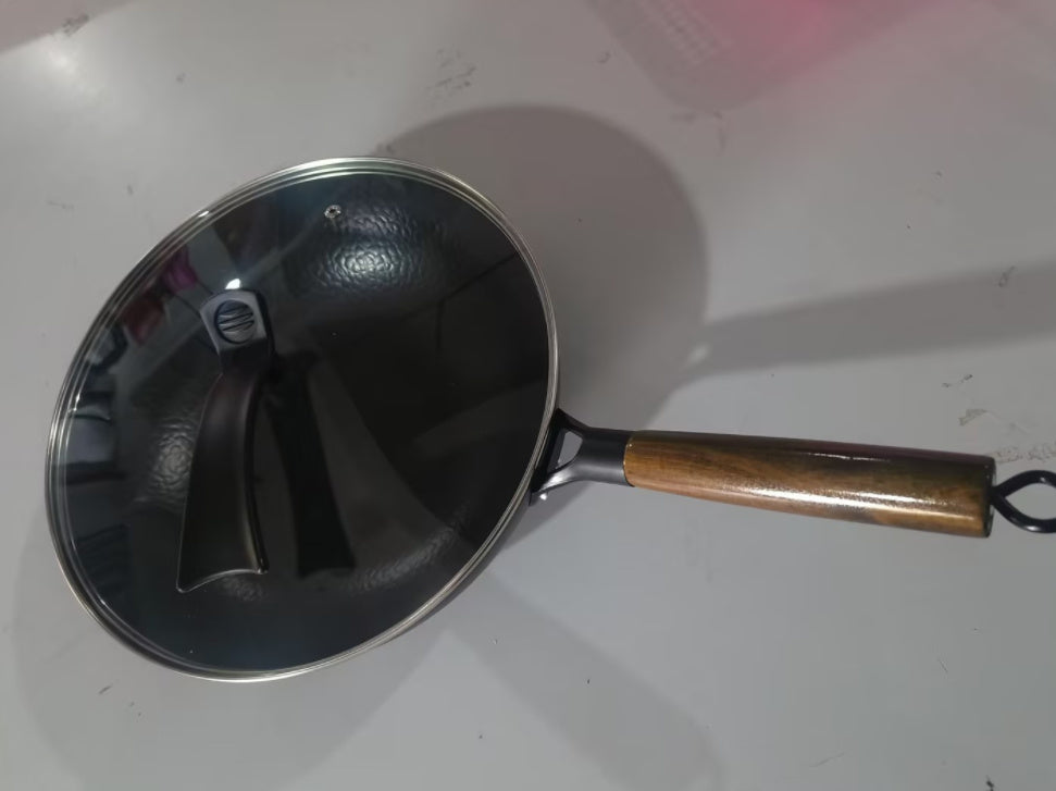 Traditional Handmade Iron Wok with Wooden Handle & Lid