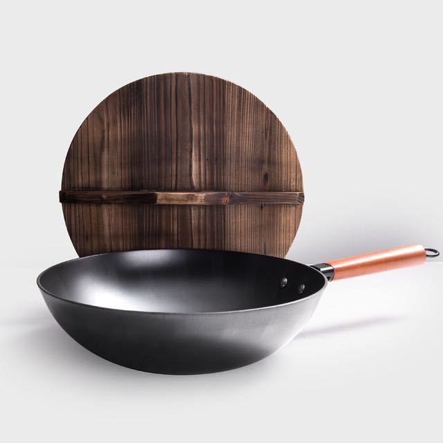 Traditional Handmade Iron Wok with Wooden Handle & Lid