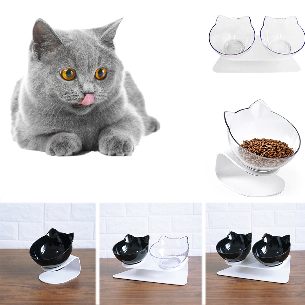 Cat Double Bowl with Stand – 15° Tilt anti-slip Neck Protection Feeder