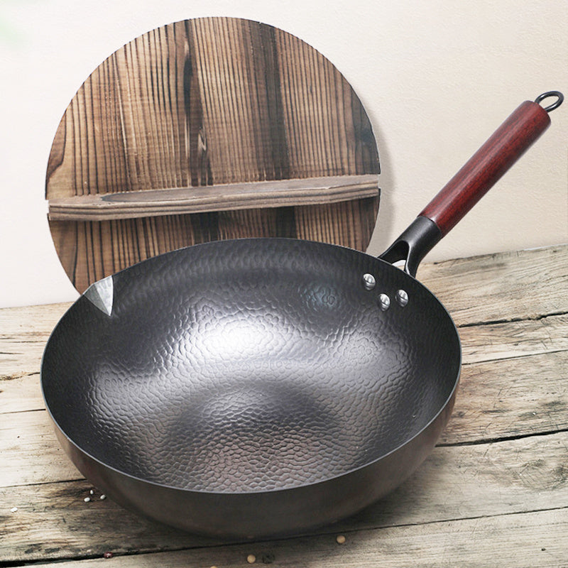 Traditional Handmade Iron Wok with Wooden Handle & Lid