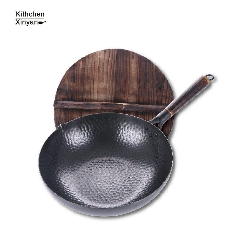 Traditional Handmade Iron Wok with Wooden Handle & Lid