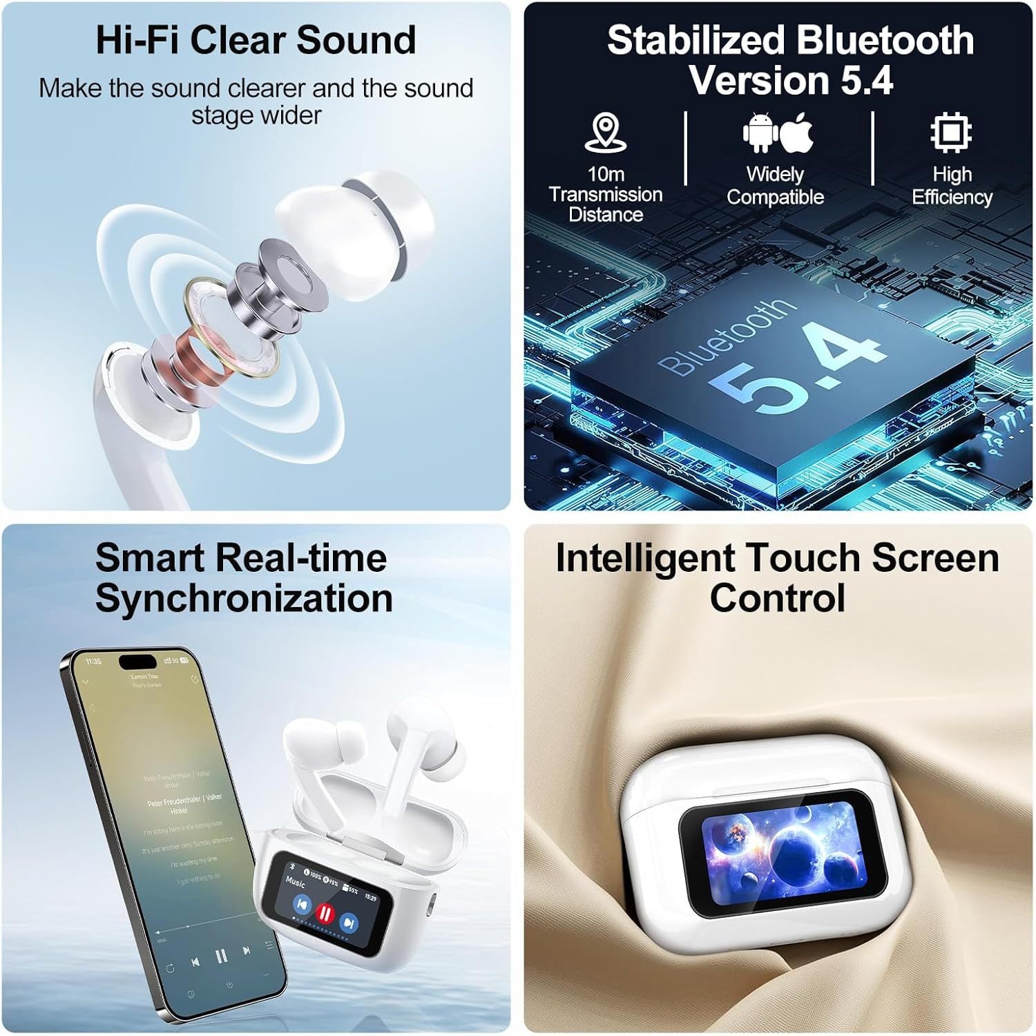 Wireless Bluetooth 5.4 Earbuds with Touch Screen & ANC ENC Mic