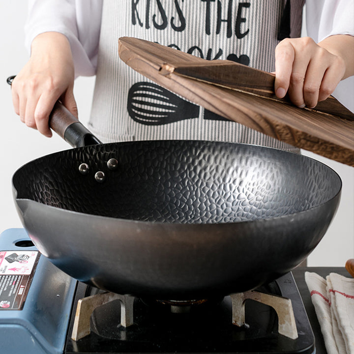 Traditional Handmade Iron Wok with Wooden Handle & Lid